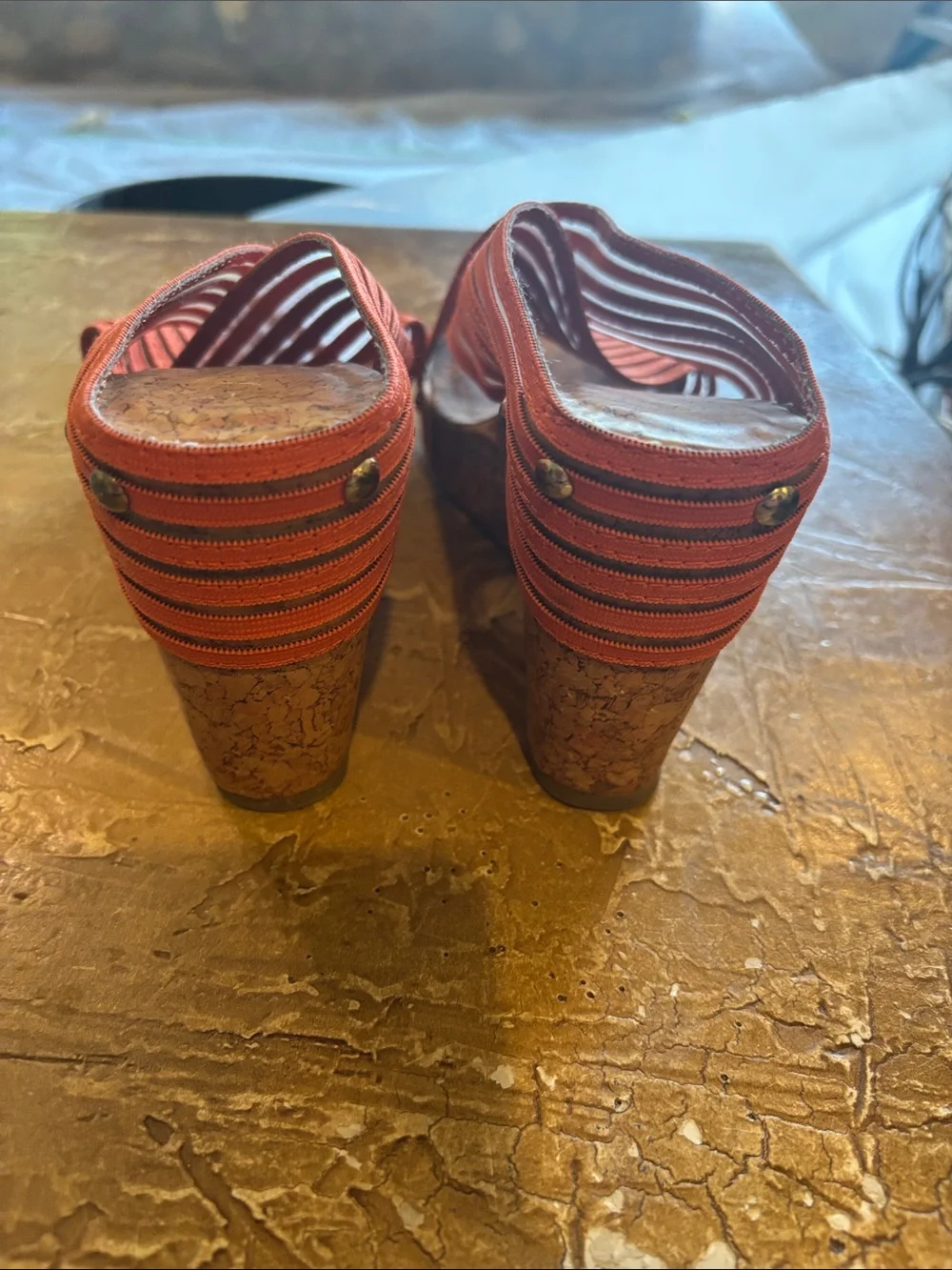 Cato Orange and clear Striped Cork Wedge Sandals